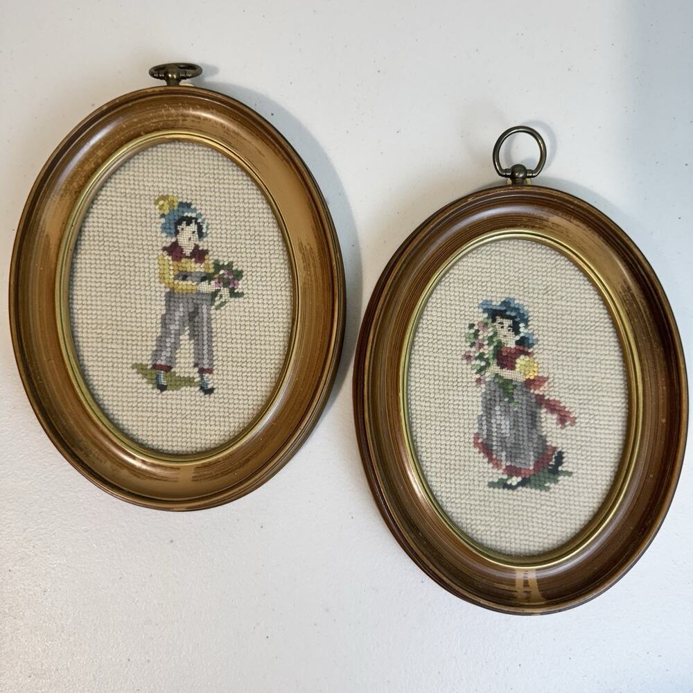 Pair of Oval Framed Needlepoint Artwork Boy & Girl Holding Flowers 9" x 7"